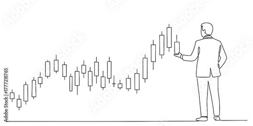 Businessman analyzing stock market candlestick chart, showing financial growth and investment strategy, doodle illustration, continuous line art. Vector