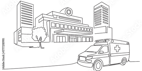 Ambulance driving in a city. continuous single line art drawing of a hospital building and urban skyline, symbolizing emergency healthcare. Vector