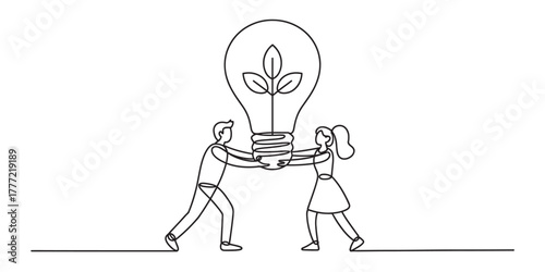 Continuous line drawing of a man and woman carrying a lightbulb with a plant, symbolizing green innovation, teamwork, and sustainable. Vector