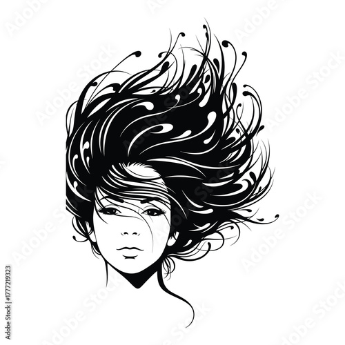 Captivating portrait of a woman with flowing, dynamic black hair, conveying elegance and mystery