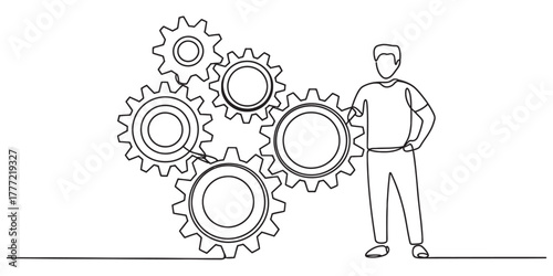 Single line art of a man with gears, symbolizing business process, strategic planning, team collaboration, and efficient system design. Vector