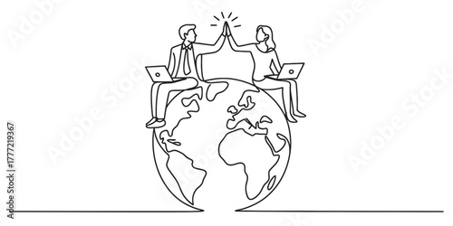 Continuous line drawing of two professionals high-fiving on a globe with laptops. global business teamwork, digital success, and international collaboration. Vector