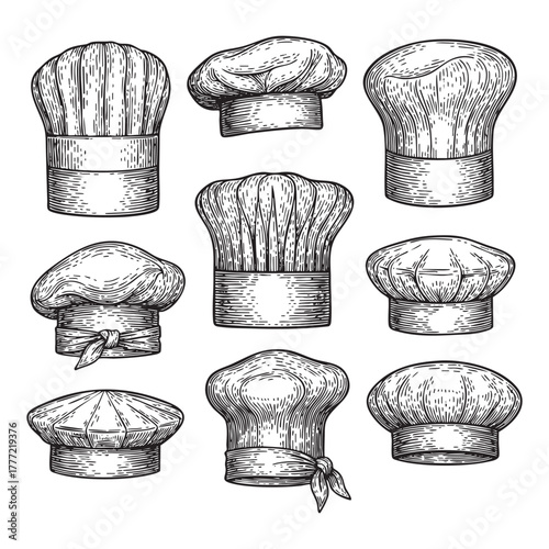Set of Vintage Chef Hats Toques Engraving Vector Illustration