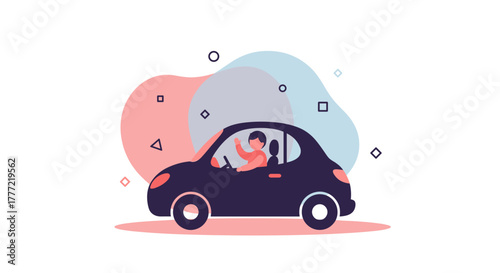An illustrated vector shows a person waving from a dark car, with abstract shapes in the background, representing travel and transportation.