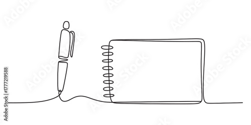 Continuous single line art drawing of a writing pen next to a minimalist spiral-bound notebook, great for education, creativity, ideas, and communication. Vector