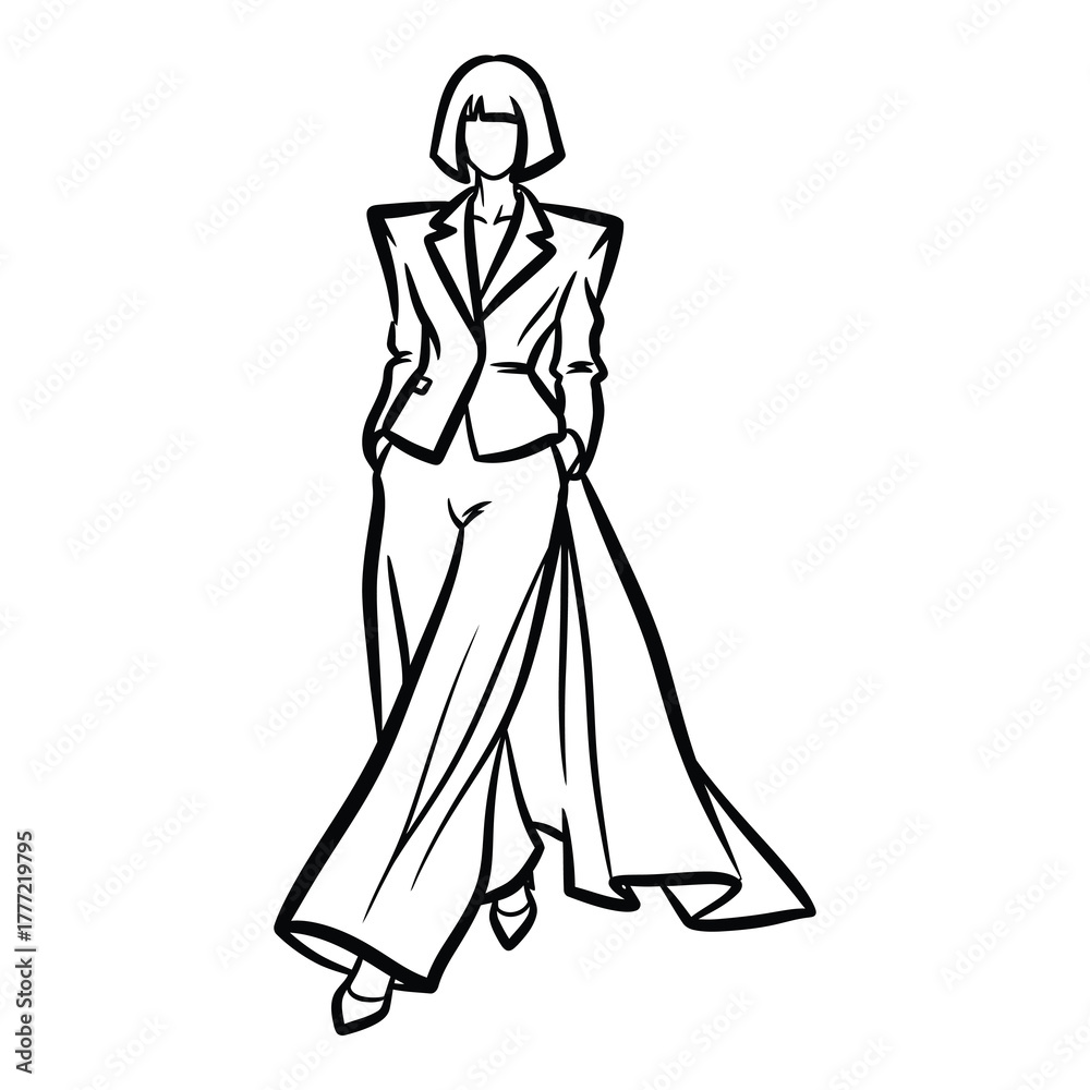Fototapeta premium Chic businesswoman exudes confidence in modern, flowing pantsuit, embodying professional style and empowerment.