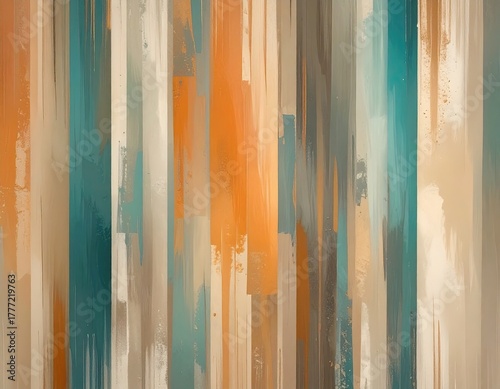 Abstract painted vertical lines teal, orange, beige, gray