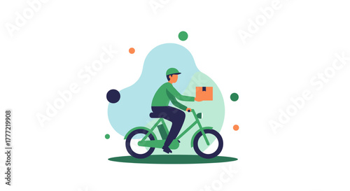 An illustration depicts a delivery person riding a bicycle, carrying a package, showcasing fast and efficient service for online orders.