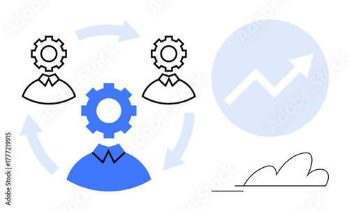 Three figure heads with gears circulate in a loop, alongside an upward arrow chart and cloud. Ideal for teamwork, process management, progress, innovation, automation, efficiency, collaboration
