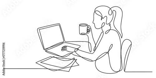 Continuous line drawing of a focused woman working on her laptop computer, holding a coffee mug, representing remote work and productivity. Vector