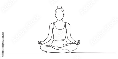 Continuous line drawing of a person in a calm meditative yoga lotus pose, symbolizing mindfulness, balance, and relaxation concept. Vector