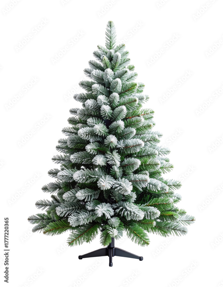 Fototapeta premium Blank snow dusted artificial fir tree mockup with light frosted tips and no decorations, isolated on transparent background, PNG