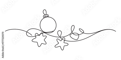One line drawing of festive christmas bauble and star decorations, minimalist continuous line art, holiday season ornament concept vector Vector