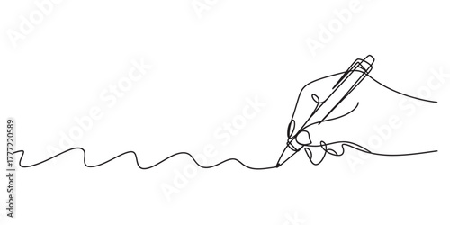 Continuous one line drawing of a human hand holding a pen and making a simple wavy stroke. artistic minimalist vector illustration isolated. Vector