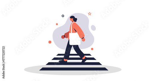 An illustrated person strides confidently across a crosswalk, carrying a tote bag, showcasing urban lifestyle and pedestrian safety.