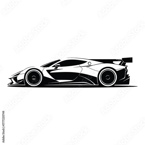 Dynamic black and white silhouette of a sleek, modern sports car with a prominent spoiler, capturing speed and performance.