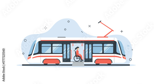 An illustration depicts a modern tram with a person in a wheelchair, emphasizing accessibility and inclusive public transportation for all citizens.