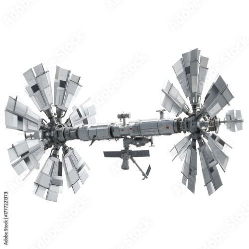 Scientific research orbital space station with laboratory modules and rotating windmill arrays on white background