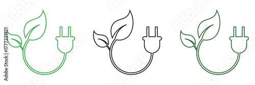 Eco power plug icons with green leaves. Eco-friendly electrical plug symbols combining leaves and cables, representing sustainable energy, green technology, and environmental  conservation.
