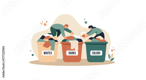 An illustration depicts individuals sorting laundry into separate bins labeled for whites, darks, and colors, promoting efficient home organization.