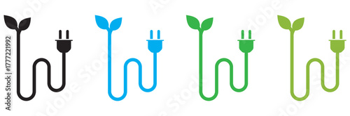 Eco power plug icons with green leaves. Eco-friendly electrical plug symbols combining leaves and cables, representing sustainable energy, green technology, and environmental  conservation.
