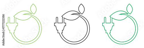 Eco power plug icons with green leaves. Eco-friendly electrical plug symbols combining leaves and cables, representing sustainable energy, green technology, and environmental  conservation.
