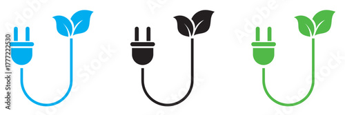 Eco power plug icons with green leaves. Eco-friendly electrical plug symbols combining leaves and cables, representing sustainable energy, green technology, and environmental  conservation.
