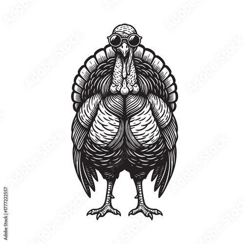 Cool Turkey Bird Wearing Sunglasses Engraving Vector Illustration