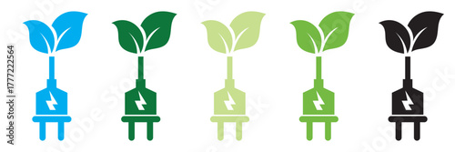 Eco power plug icons with green leaves. Eco-friendly electrical plug symbols combining leaves and cables, representing sustainable energy, green technology, and environmental  conservation.
