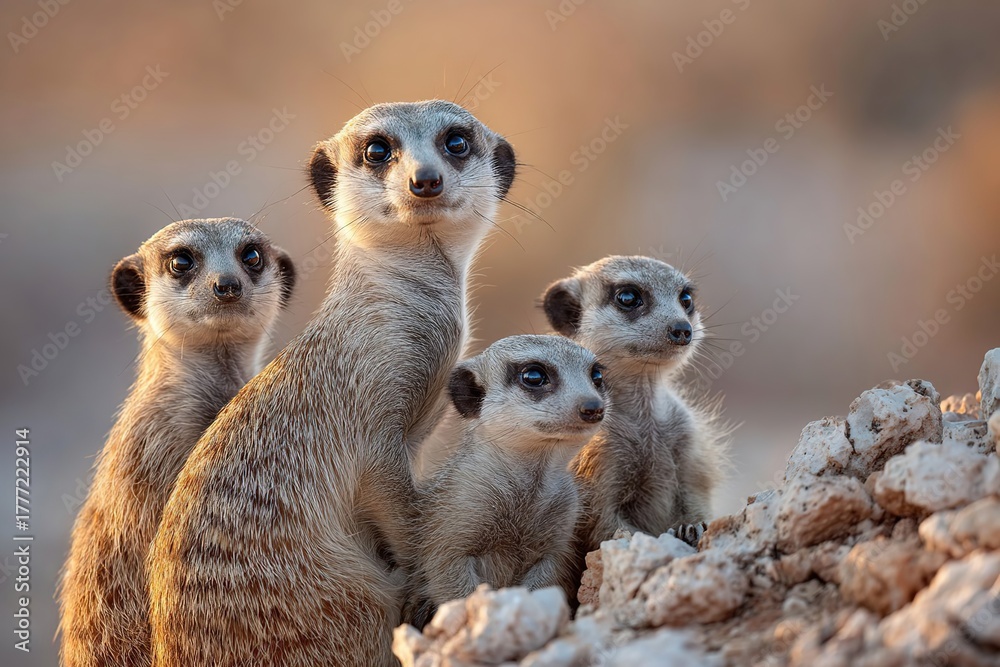 Fototapeta premium A group of four meerkats stands on a rocky surface. They are alert and looking around in their natural habitat. The background is blurred, emphasizing the meerkats.