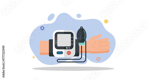 An illustration depicts a person's wrist with a blood pressure monitor, emphasizing health and medical technology for wellness.
