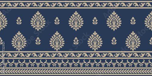 Elegant ethnic pattern with beige ornamental motifs on navy blue background creating beautiful decorative textile design