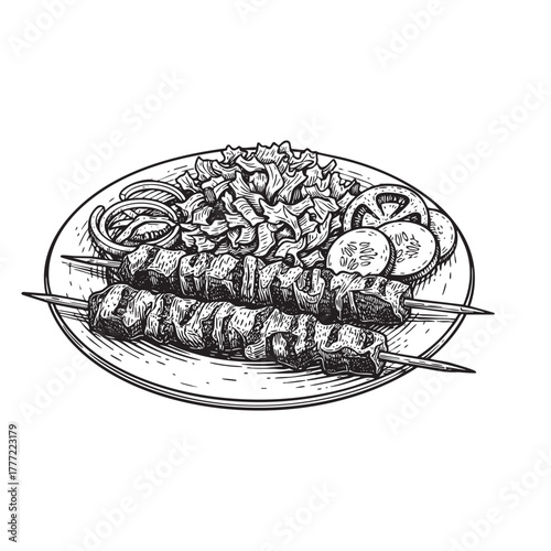 Shish Kebab Skewers Meat Plate Engraving Vector Illustration