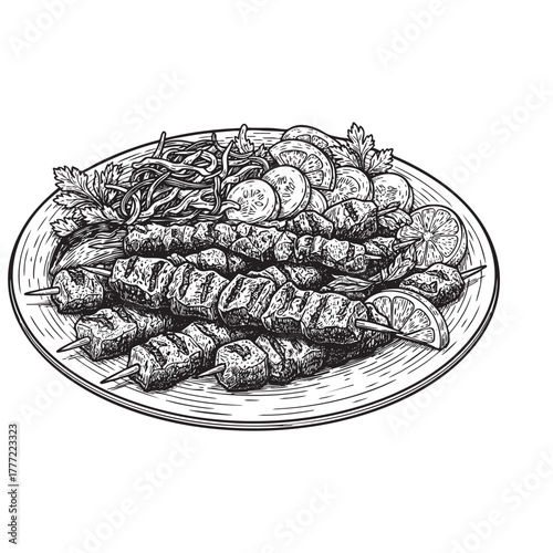Shish Kebab Skewers Meat Plate Engraving Vector Illustration