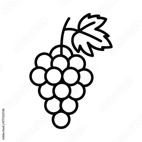 Grapes Icon — Bunch of Grapes Outline Illustration with Leaf
