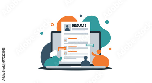 A modern illustration depicts a resume displayed on a laptop screen, symbolizing job search and career development in a digital world.