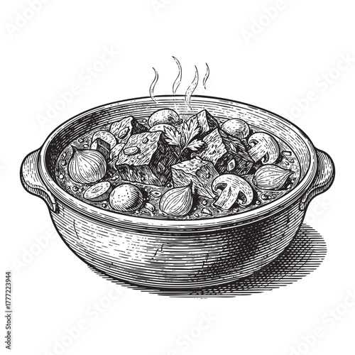 Steaming Bowl of Beef Stew Engraving Vector Illustration
