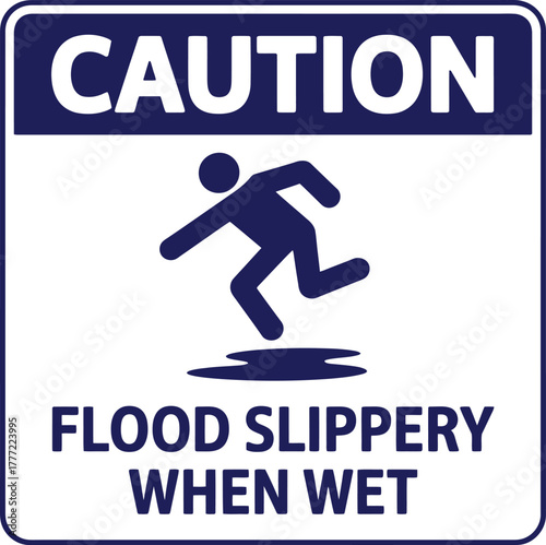 Caution vector icon with dark blue header, slipping person pictogram, and bold flood warning text for wet floor hazard signage.