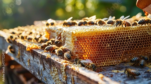 Fresh honeycomb being cut directly from a beehive during a honey harvest