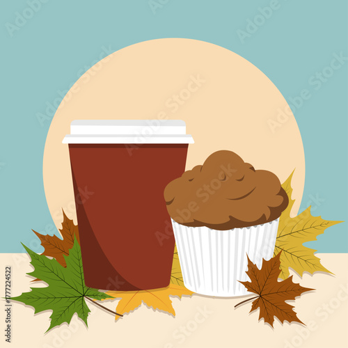 Muffin with an autumn morning cup of coffee, illustration