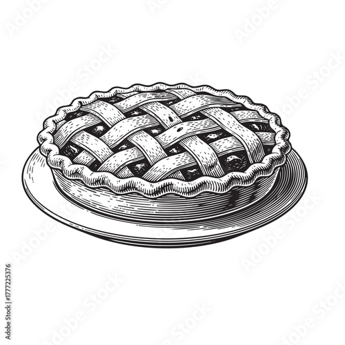 Pie on Plate Dessert Engraving Vector Illustration