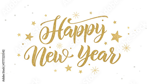 Golden Happy New Year text written with golden shiny metalic ink isolated on white or transparent background