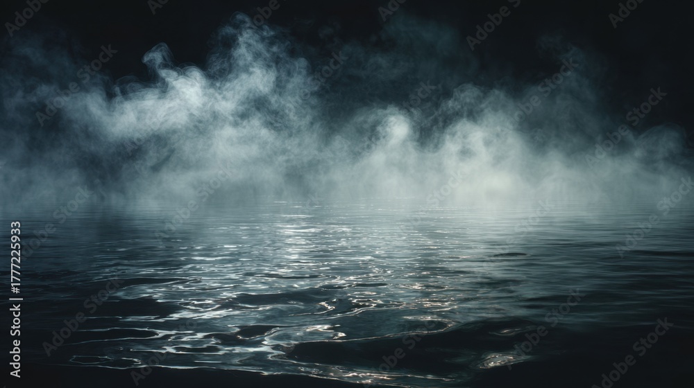 Fototapeta premium Soft mist rises from the still surface of the lake under a darkening sky creating an enchanting atmosphere.