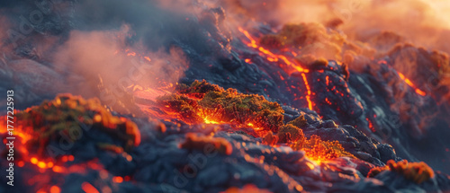 Volcanic Surface Covered with Red Ignis Moss Glowing Through Mist with Molten Lines Beneath Basalt