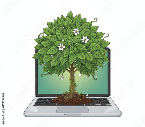 An illustration of sustainable green technology and business growth, symbolized by a tree growing from a laptop