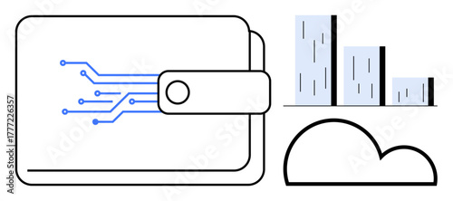 Digital wallet with circuit lines, cloud icon, and bar graph signifying finance, digital payment, data storage, technology, analytics, fintech innovation and security. Ideal for digital progress
