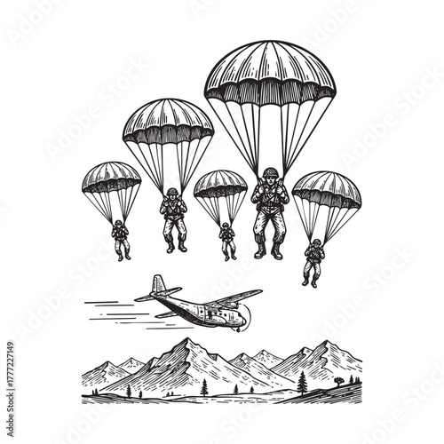 Military Soldier Parachuting Skydiving Engraving Vector Illustration
