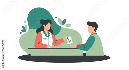 A woman in a white coat hands a document to a man at a counter, with green foliage in the background, representing customer service.