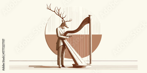 Deer-headed Musician Playing a Harp An Artistic Illustration with Geometric Elements and Vintage Aesthetics