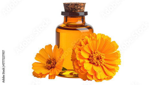 Amber oil bottle with cork, paired beside vibrant orange flowers